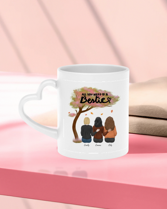 All You Need Is a Bestie” – Personalized Friendship Art Heart-Shaped Mug