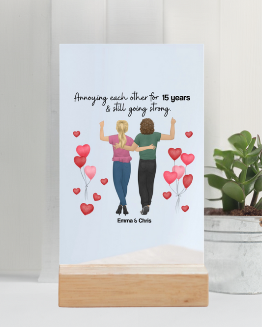 “Still Annoying Each Other” Couple Illustration Personalized Acrylic Sign with Wooden Stand