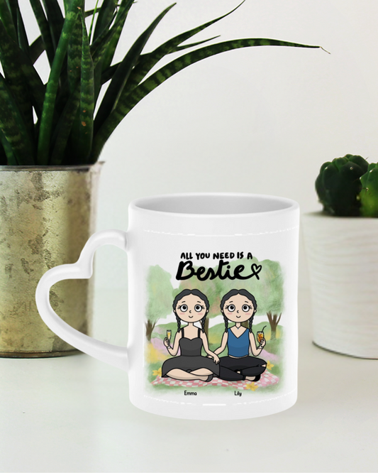 All You Need is a Bestie – Personalized Best Friend Illustration Heart-Shaped Mug