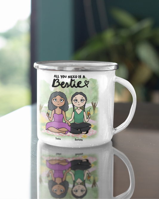 All You Need is a Bestie – Personalized Best Friend Illustration Enamel Mug