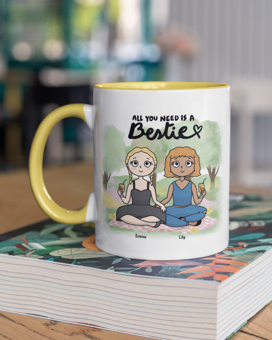 All You Need is a Bestie – Personalized Best Friend Illustration Mug with Color Inside