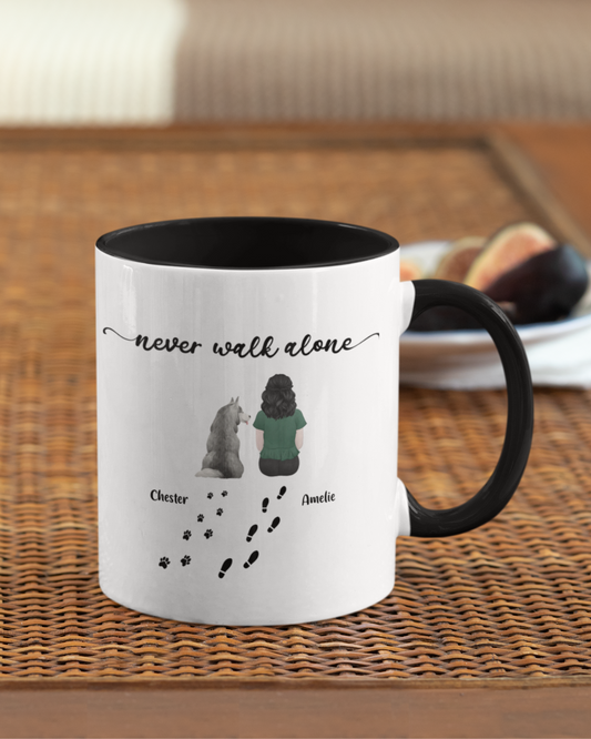 “Never walk alone” Dog - Personalized Mug with Color Inside