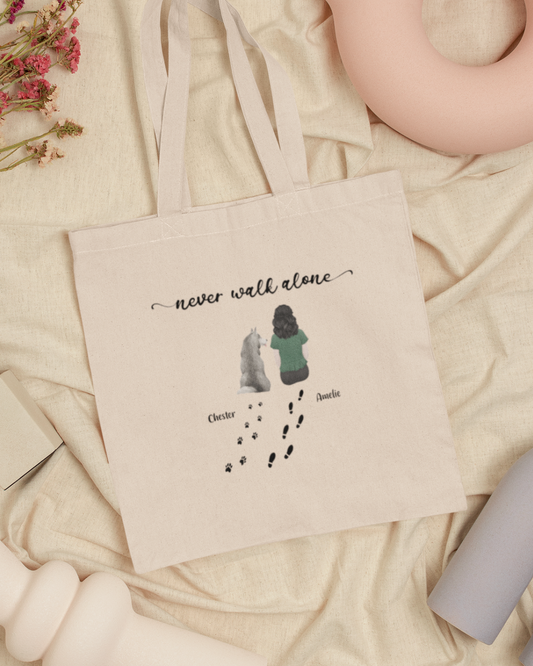 “Never walk alone” Dog Personalized Tote Bag