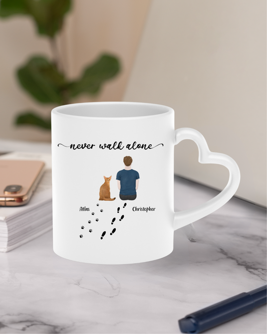 “Never walk alone” Cat - Personalized Heart-Shaped Mug