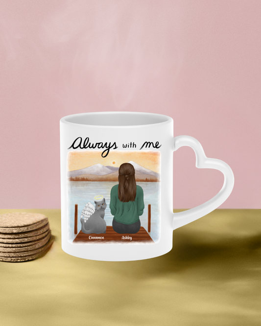 "Always With Me" Cat Memorial Art - Personalized Heart-Shaped Mug