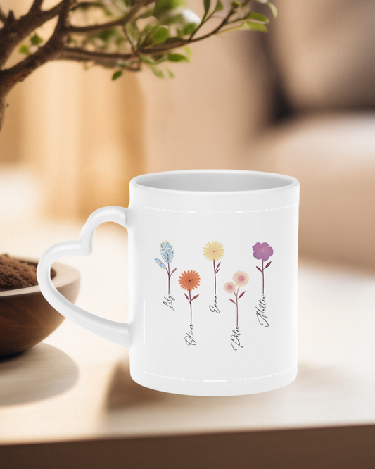 A Garden Full of Love – Personalized Flower Art Heart-Shaped Mug