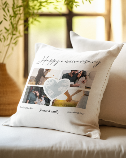 Custom Photo Collage with Map Heart Pillow