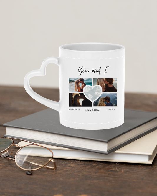 Custom Photo Collage with Map Heart Heart-Shaped Mug