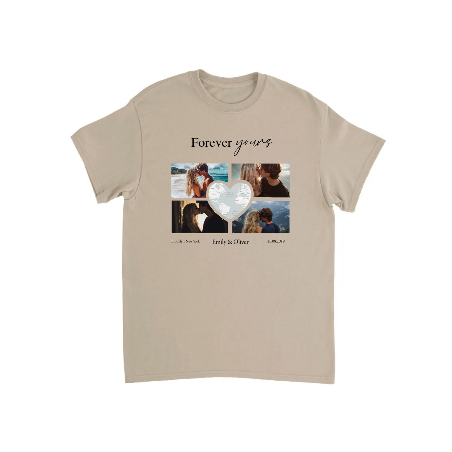 Custom Photo Collage with Map Heart T-shirt