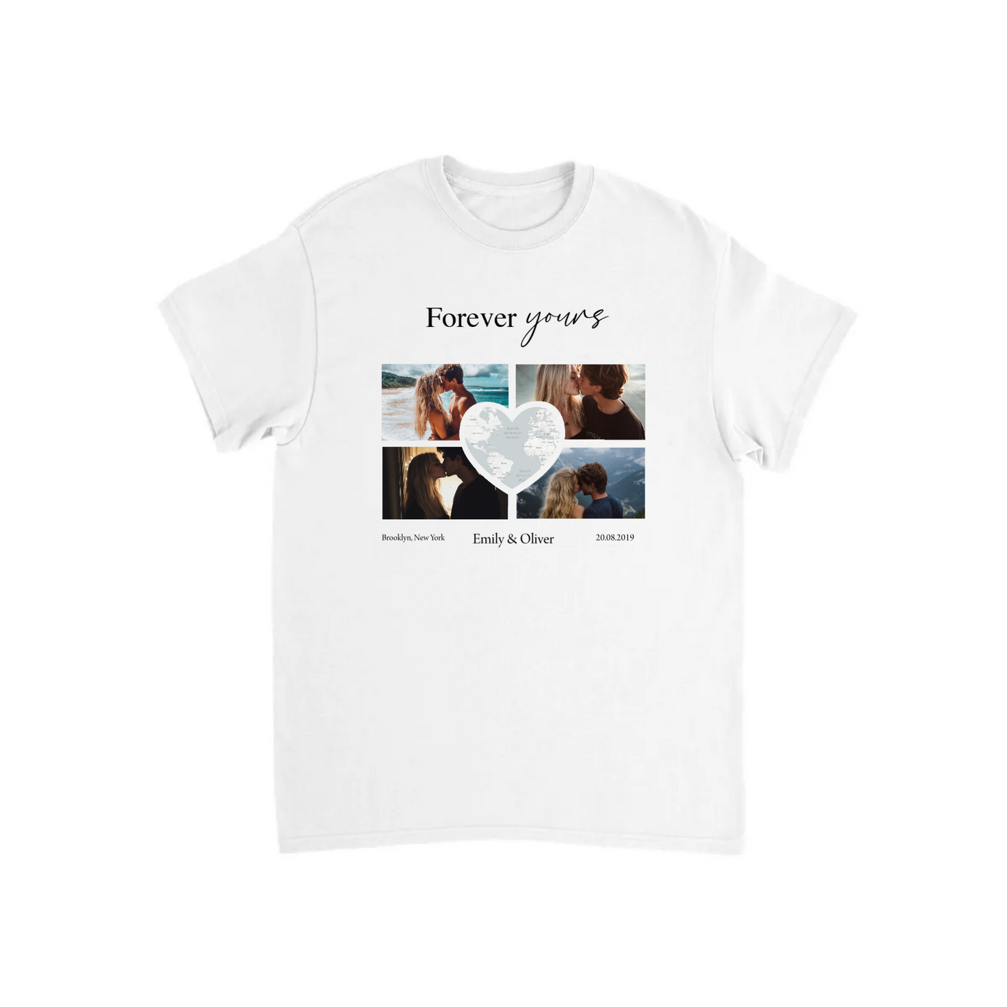 Custom Photo Collage with Map Heart T-shirt