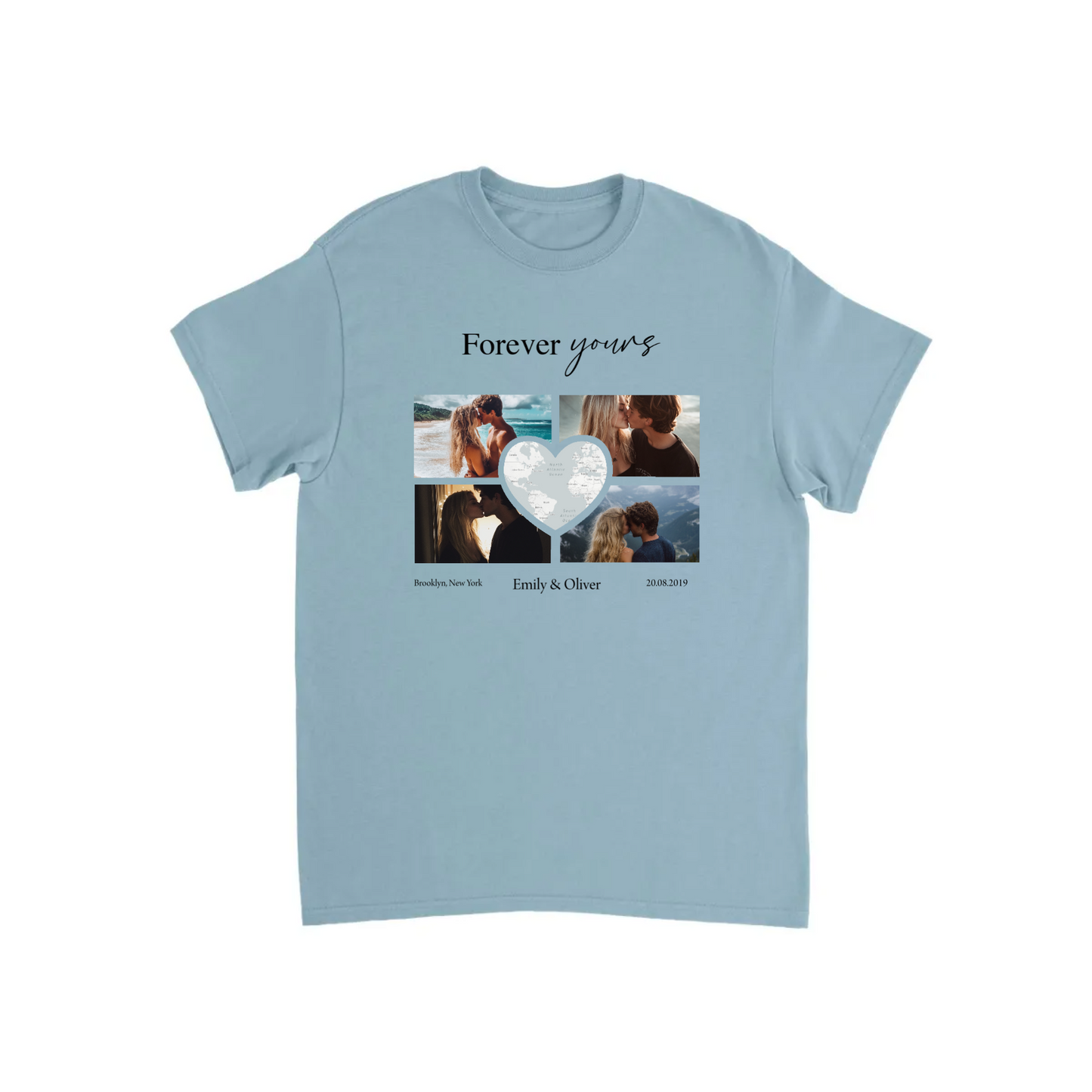 Custom Photo Collage with Map Heart T-shirt