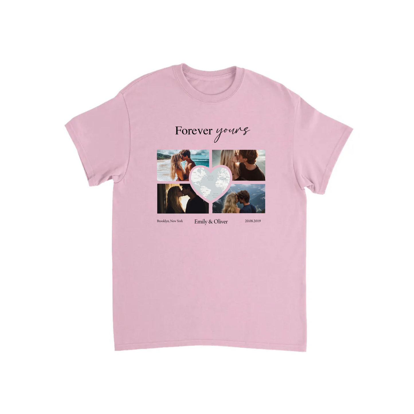 Custom Photo Collage with Map Heart T-shirt