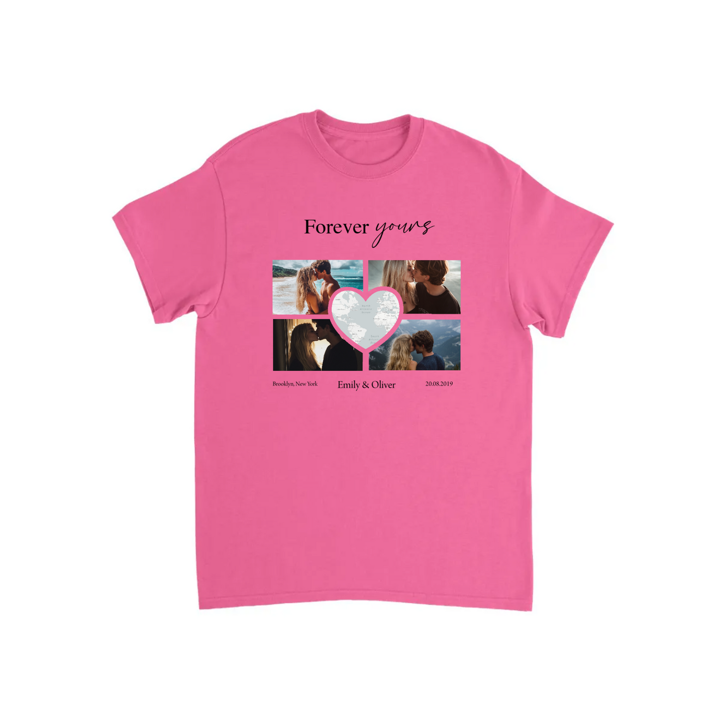 Custom Photo Collage with Map Heart T-shirt