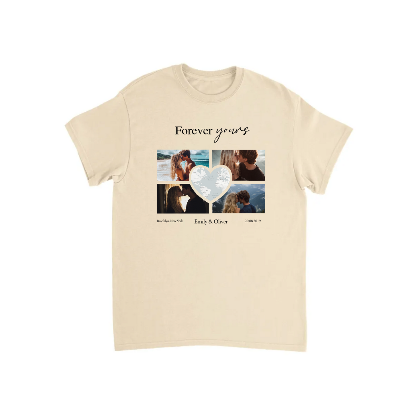Custom Photo Collage with Map Heart T-shirt