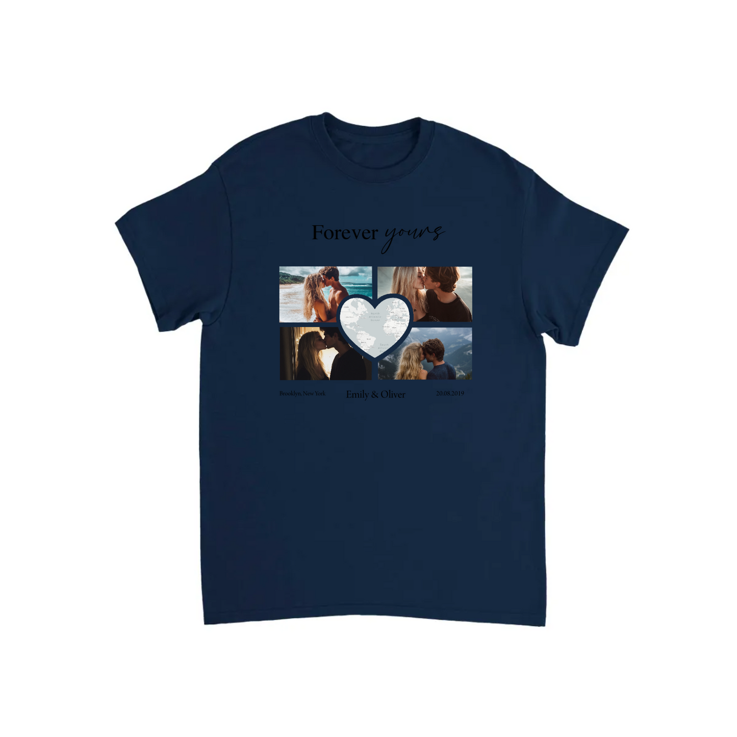 Custom Photo Collage with Map Heart T-shirt