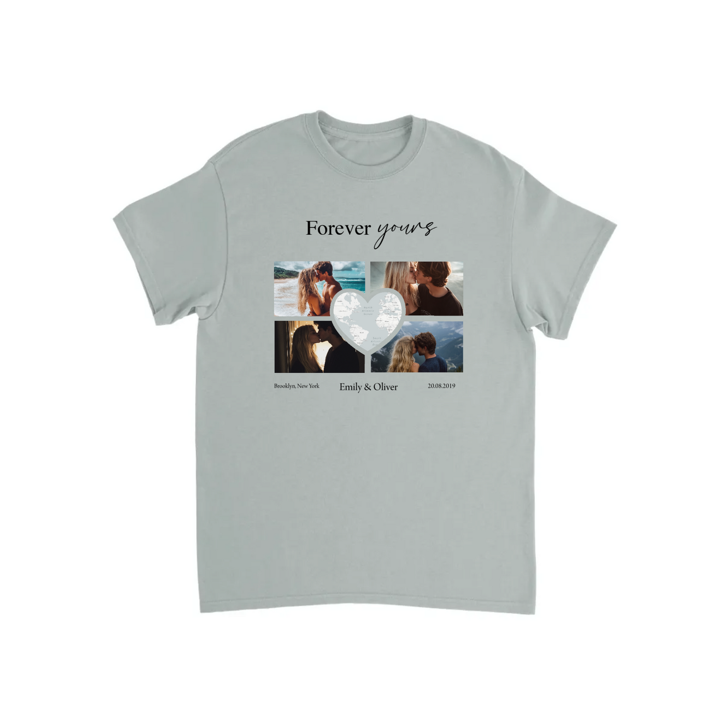 Custom Photo Collage with Map Heart T-shirt