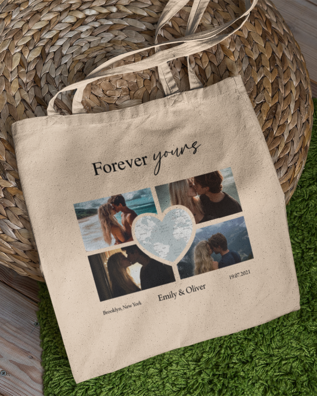 Custom Photo Collage with Map Heart Tote Bag