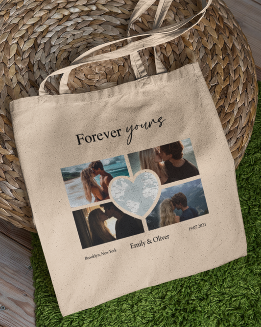 Custom Photo Collage with Map Heart Tote Bag