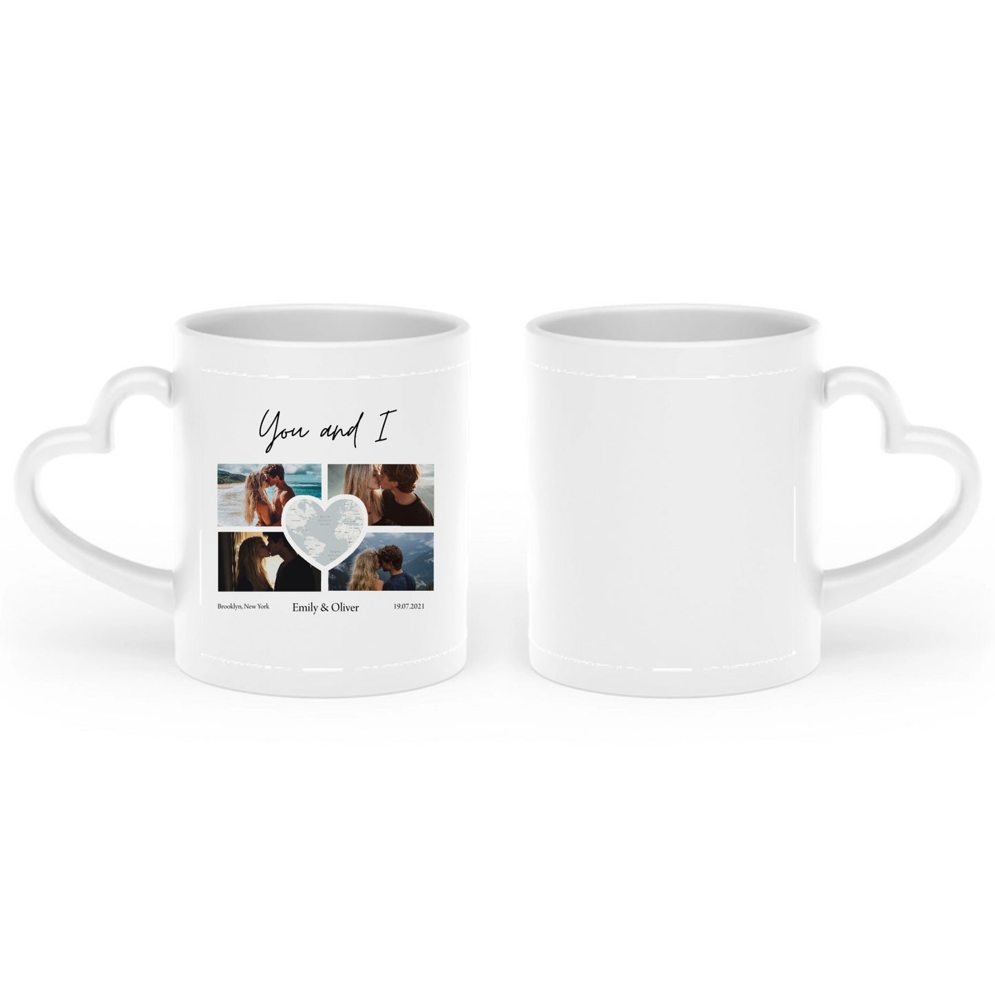 Custom Photo Collage with Map Heart Heart-Shaped Mug