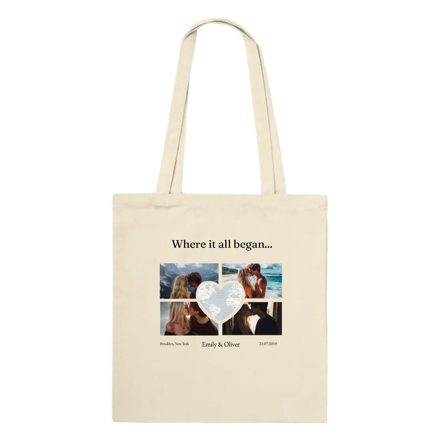 Custom Photo Collage with Map Heart Tote Bag
